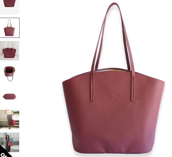 A woman's handbag, the Bordeaux Mimosa Vegan Apple Leather Tote by Alénore, displayed with multiple images highlighting its features.