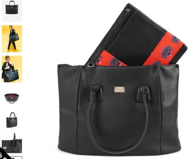 A black leather tote bag featuring a striking red and black pattern, designed by Melina Bucher as an extra-large shopper.