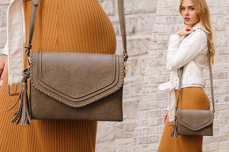 A stylish brown crossbody bag with decorative stitching and a tassel detail, worn by a woman dressed in a ribbed camel-colored skirt and a white jacket. The image is split into two sections, one showing a close-up of the bag and the other displaying the full outfit as the woman poses against a textured brick wall.