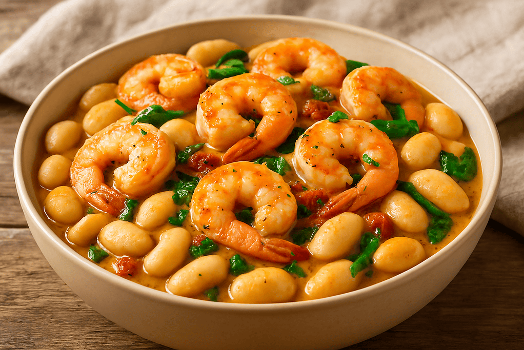 A creamy butter bean dish topped with sautéed shrimp, spinach, and sun-dried tomatoes, served in a rustic bowl on a wooden table.