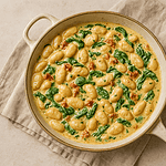 Creamy Tuscan butter beans in a rustic skillet with spinach, sun-dried tomatoes, and parsley on a linen cloth.