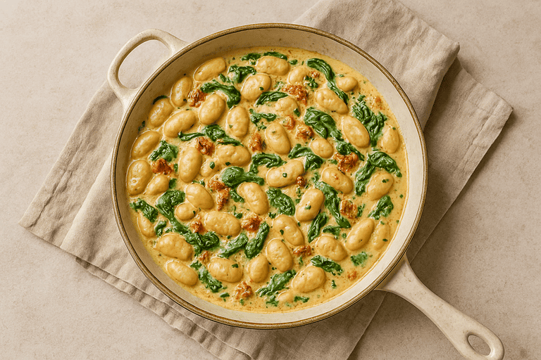 Creamy Tuscan butter beans in a rustic skillet with spinach, sun-dried tomatoes, and parsley on a linen cloth.