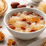 Bowl of snow fungus soup with goji berries and peach gum on a marble table, highlighting its gelatinous texture and skin hydration benefits.